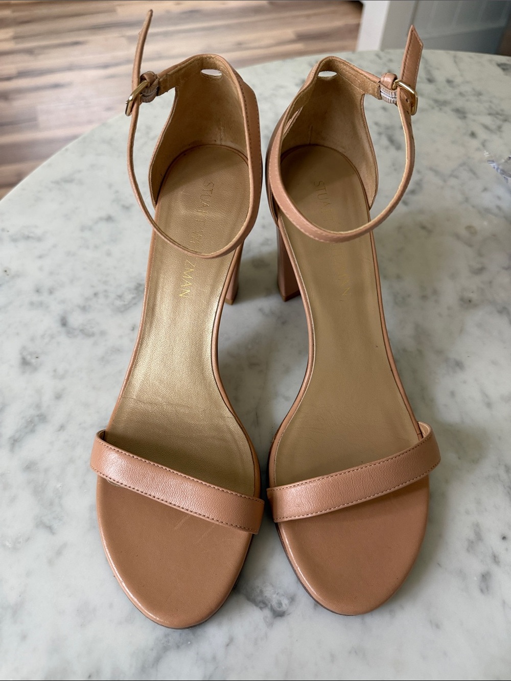 Stuart Weitzman Leather Ankle-Strap Heels in Tan